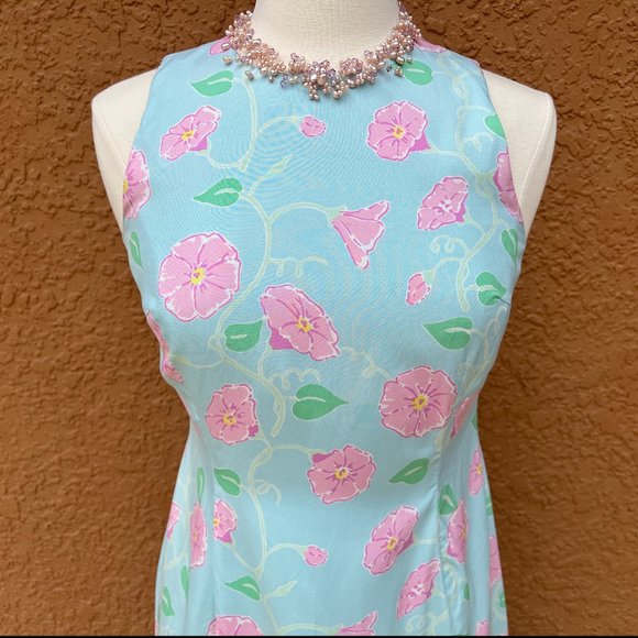 Classic Lilly Pulitzer Silk Maxi Dress Blue with Pink Morning Glories Size 6 - Picture 4 of 16